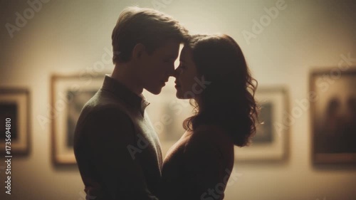A couple embraces intimately in a softly lit room, their faces close; art in background