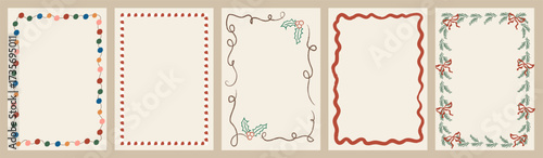 Whimsical Christmas frames with garlands, colorful lights, and ribbon accents in retro doodle style. Festive border templates for invitations, posters, and greeting cards. Vector illustration set.