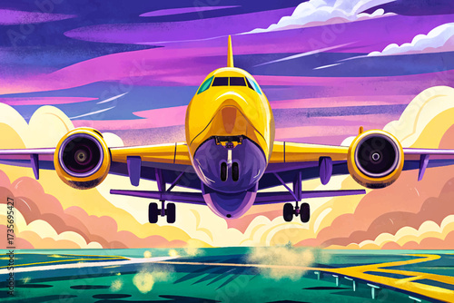 "Yellow jet aircraft hovering gracefully in mid-air, showcasing powerful engines and detailed landing gear, illustrated in professional high-quality vector style