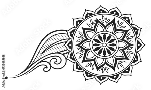 Hand-Drawn Mehndi Mandala – Oriental Geometric Floral Ink Coloring Illustration