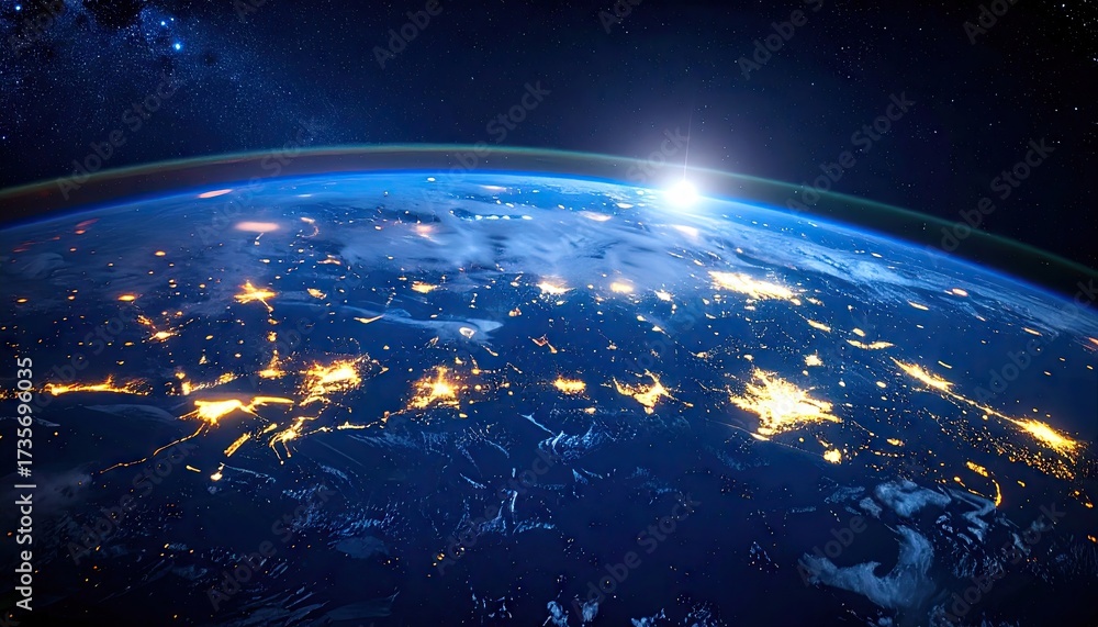 Obraz premium Earth Seen From Space with City Lights at Night and Sunrise Over the Horizon in Detailed High Resolution View