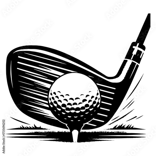 Iron club striking golf ball on tee with turf spray black and white