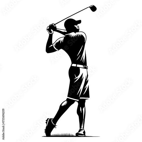 Male golfer finishing a full swing follow through
