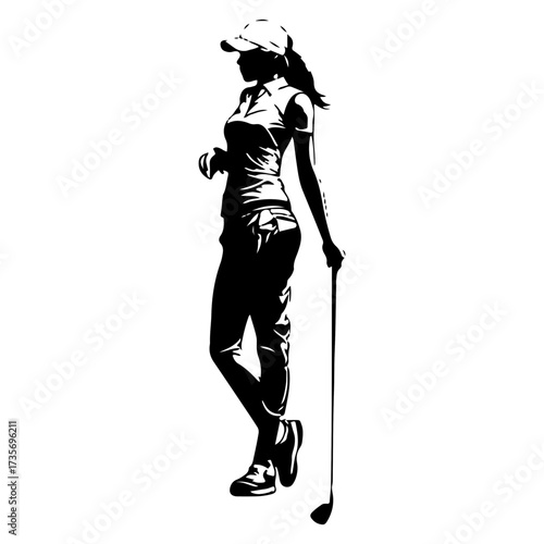 Woman golfer powerful driver swing follow through black and white