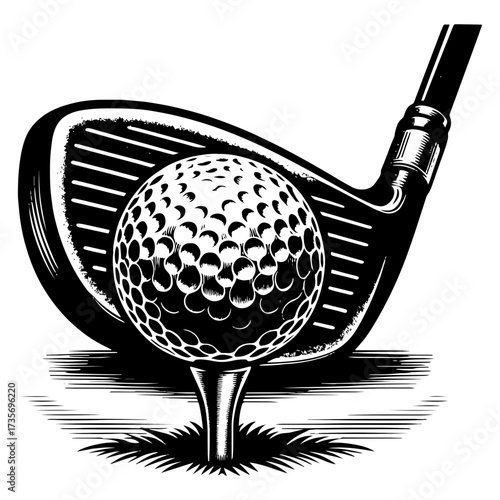 Golf driver head with ball on tee close up black and white