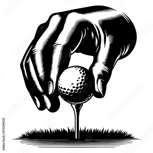 Hand placing golf ball on tee black and white line art