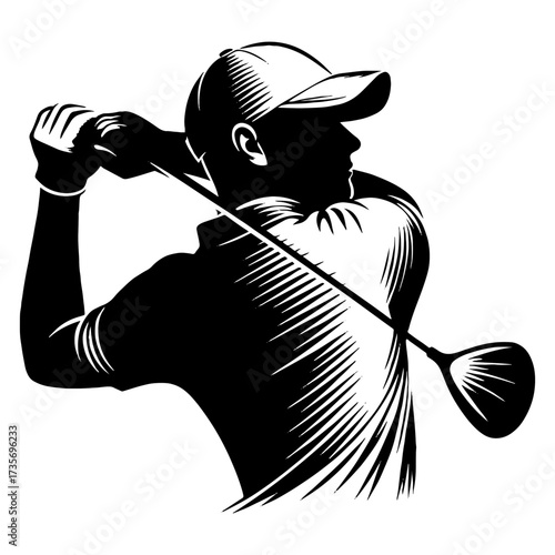 Black and white golfer in cap finishing a drive