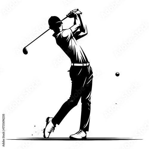 Golfer driver swing follow through side view black and white