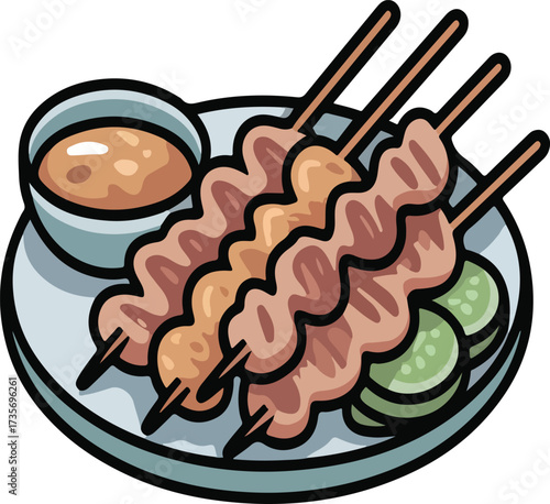 Satay skewers with peanut sauce and cucumber slices illustration
