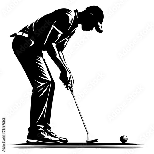 Black and white golfer lining up a putt side view