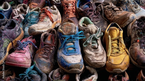 Accumulation of many dirty worn out shoes, representing concepts of poverty, waste, homelessness, charity, collecting, and discarded items, forming a background texture