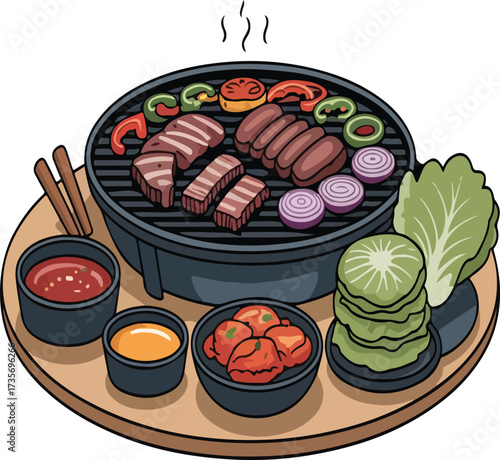 Korean BBQ grill with meat, vegetables, and dipping sauce illustrations