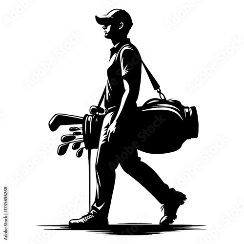 Golfer walking with golf bag side view black and white