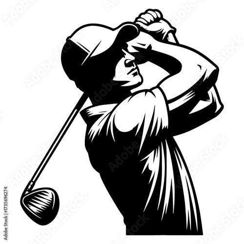 Black and white golfer follow through with driver