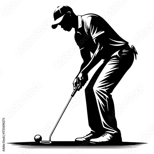 Black and white golfer addressing the ball with putter