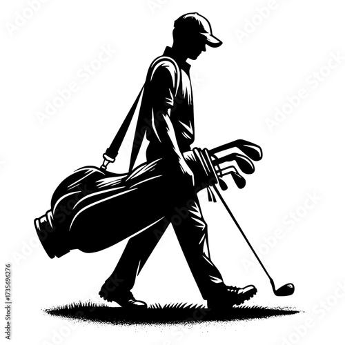 Male Golfer walking A Hole With Golf Bag Side View Black and White