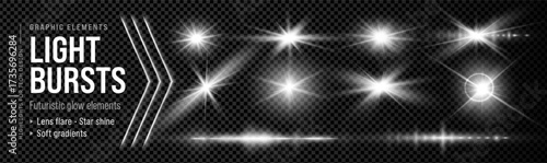 Transparent sun overlay collection of glowing light bursts with bright lens flare on transparent background. Shining star effects create sparkling illumination for abstract design.
