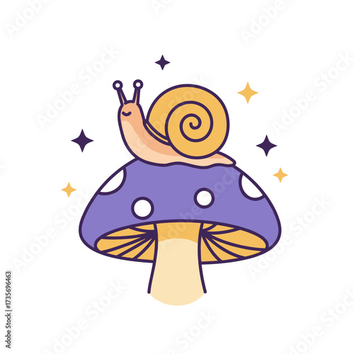 Snail sitting on mushroom with spiral shell, nature wildlife and forest animal cartoon illustration for children education and fairy tale concept