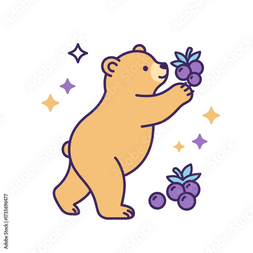 Cute bear reaching for blueberries, playful wildlife illustration