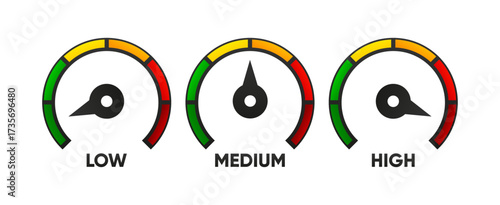 Speedometer icon. Low, medium and high speed. Fast internet concept. Rating meter performance concept. Indicator icon collection. Vector illustration.