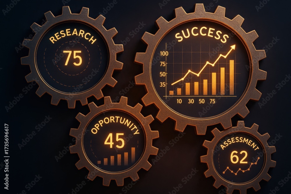 Fototapeta premium success researchers opportunity assessment concept. Gears with metrics illustrating research, opportunity, and success.