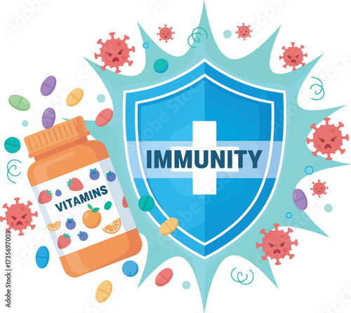 Illustration of vitamins spilling from a bottle, protecting against viruses with an immunity shield.
