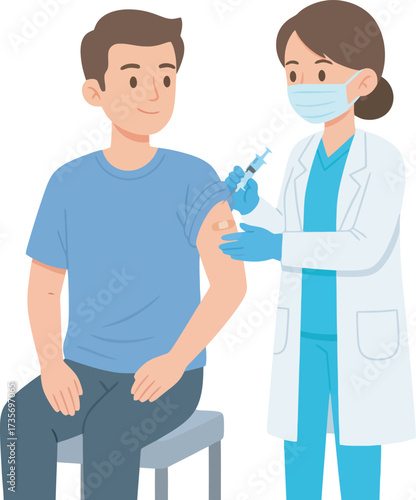 A medical professional administering a vaccine injection to a seated patient in a clinic.