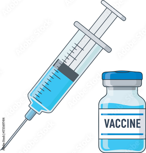Syringe filled with blue liquid next to a vial labeled "Vaccine" on a white background.