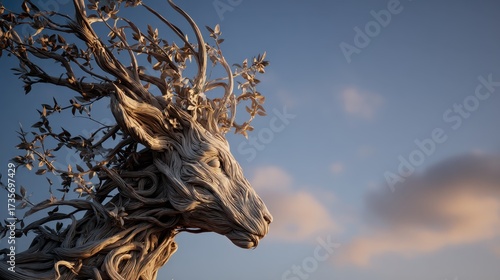 Deer head sculpture crafted from intertwining wood branches and leaves, embodying nature and organic art against a pastel sky, symbolizing growth, harmony, and fantasy concepts