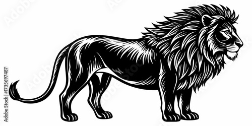 Create a highly realistic image of a male lion standing in profile, facing left. The lion should have a full, majestic mane, detailed fur texture, and a muscular body. Its expression should be calm an