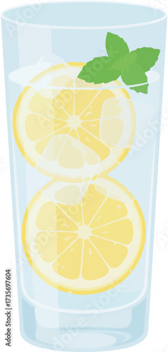 A refreshing glass of water with lemon slices and a sprig of mint.