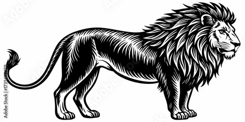 Create a highly realistic image of a male lion standing in profile, facing left. The lion should have a full, majestic mane, detailed fur texture, and a muscular body. Its expression should be calm an