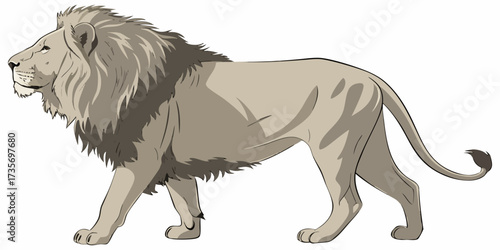 Create a highly realistic image of a male lion standing in profile, facing left. The lion should have a full, majestic mane, detailed fur texture, and a muscular body. Its expression should be calm an