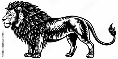Create a highly realistic image of a male lion standing in profile, facing left. The lion should have a full, majestic mane, detailed fur texture, and a muscular body. Its expression should be calm an