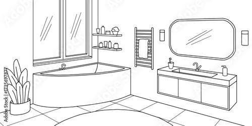 Bathroom graphic home interior black white sketch illustration vector 