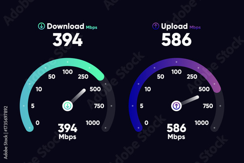 Internet download and upload speed test gauge. Internet speed test software and network performance information. Internet connection speed test. Modern design for software. Vector illustration.