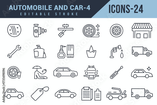Automobile and Car Icons Editable Stroke Twenty Four Unique Graphics White Background.