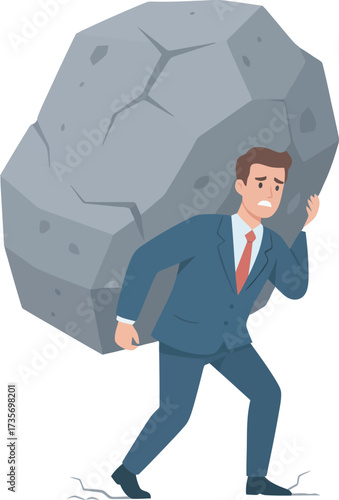 A businessman struggles to carry a massive boulder, symbolizing burden and stress.