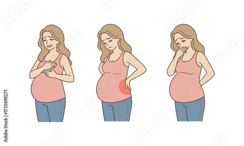 Pregnant Woman Feeling Chest Back and Stomach Pain Vector Illustration Maternity Health Issues Symptoms in Pregnancy Cartoon Style