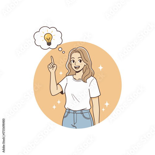 Creative woman vector illustration female character pointing upward with lightbulb idea symbol innovation imagination cartoon style concept flat design