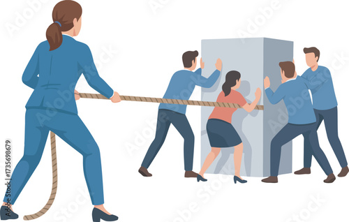 Teamwork illustration: A woman pulls a rope while four people push a large cube.