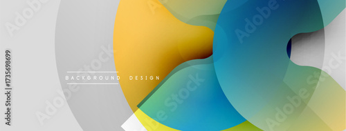 Abstract colorful shapes overlap, creating dynamic visual effect. Gradient hues blend smoothly, forming modern background design.