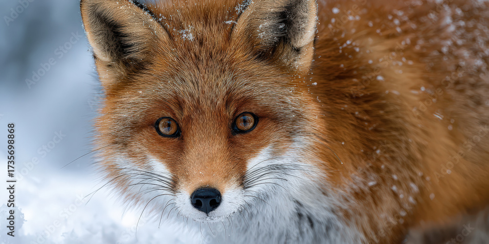 Fototapeta premium Red fox stands in snow, its fur vibrant against crisp winter backdrop. close up captures fox intense gaze and fine details of its coat, highlighting serene beauty of scene