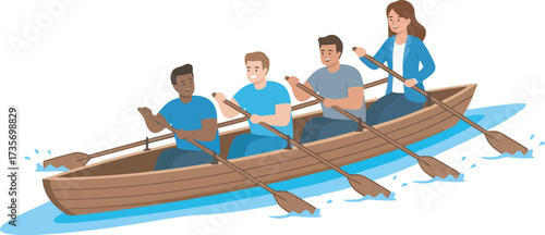 Four people rowing a wooden boat on a body of water, working together.