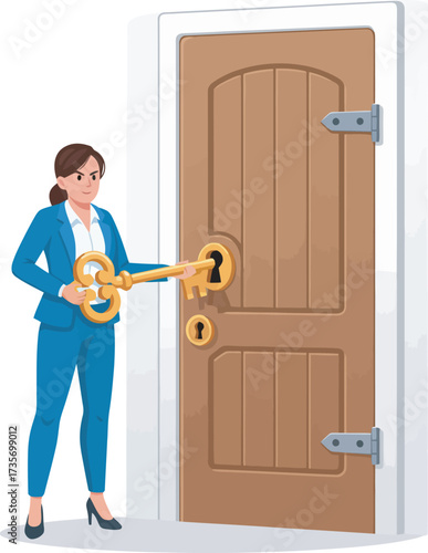 Businesswoman using a large golden key to unlock a wooden door, ready to enter.