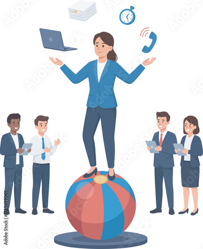 A businesswoman balances on a ball while juggling work-related items, surrounded by colleagues.