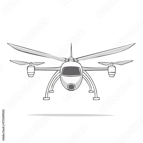 Futuristic hybrid unmanned drone with camera and propellers vector sketch illustration