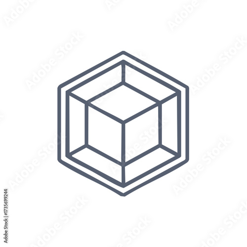 Minimalist line art icon of a three dimensional isometric cube within a geometric hexagonal frame