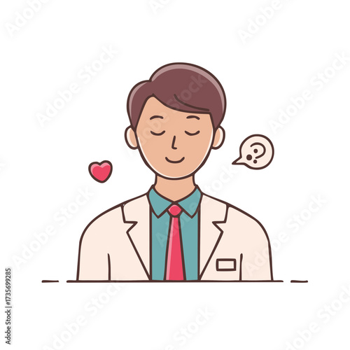 Caring male doctor cartoon character with love heart and question mark bubble