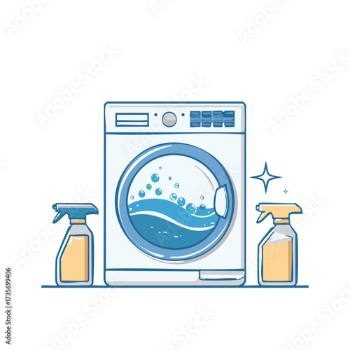 Front load washing machine with cleaning spray bottles and sparkling clean symbol